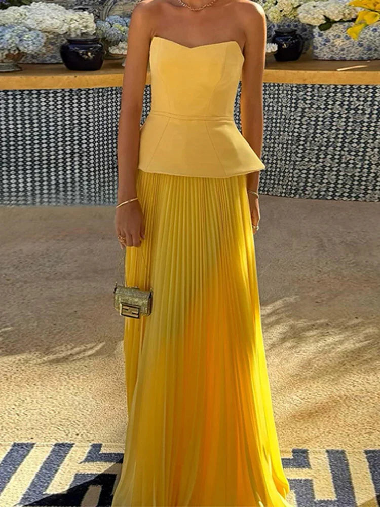 Yellow Strapless Patchwork Pleated Maxi Dress - Summer Chic Holiday