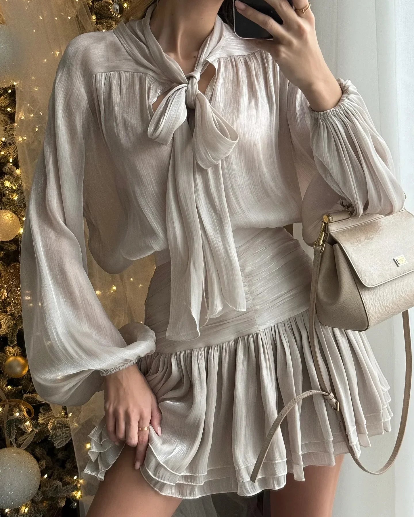 Bow High-Waisted Chiffon Two-Piece Dress Suit - See-Through Set