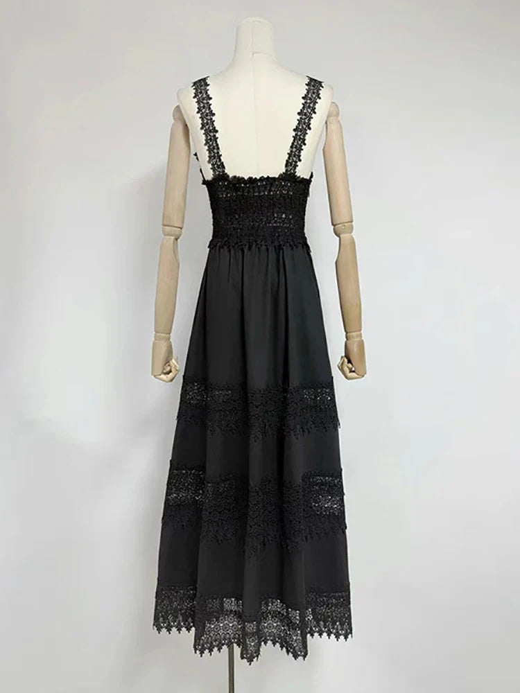 Black White Lace Patchwork Dress | V Neck Sling A-Line Gown