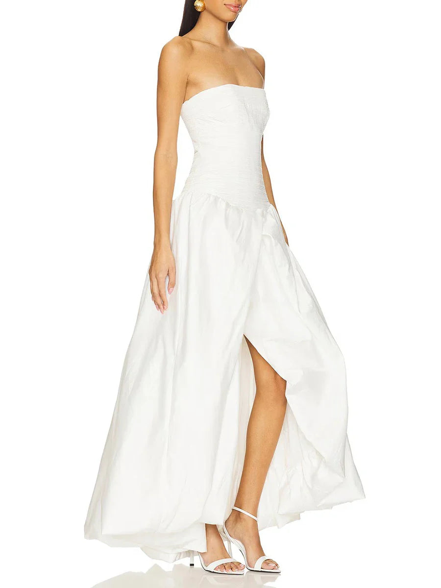 Strapless Puffs Dress – Ruched Bodice & High-Slit Elegance