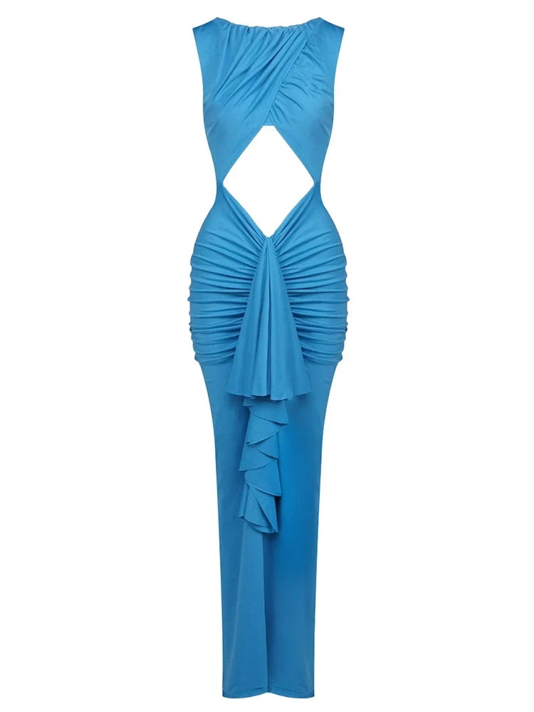 Blue evening gown with cut-out design
