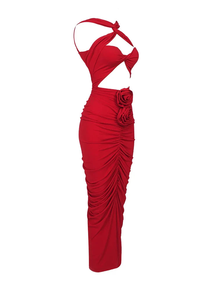 Red Cut-Out Bodycon Midi Dress with Ruched Flower Detail