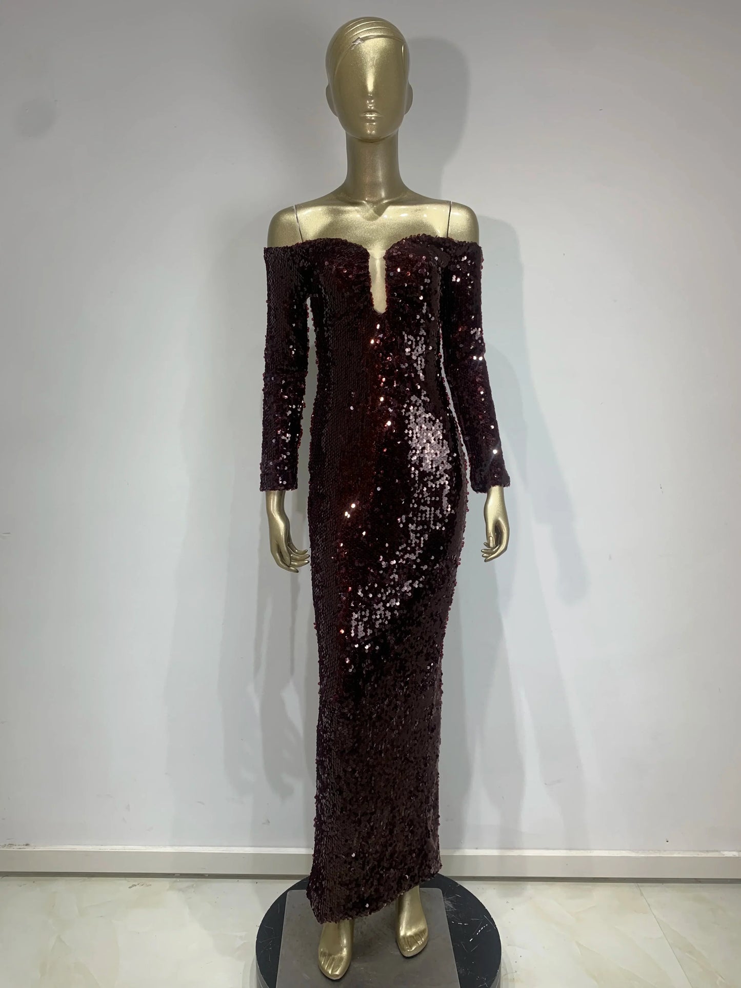Burgundy Off Shoulder Mesh Sequin Maxi Gown
