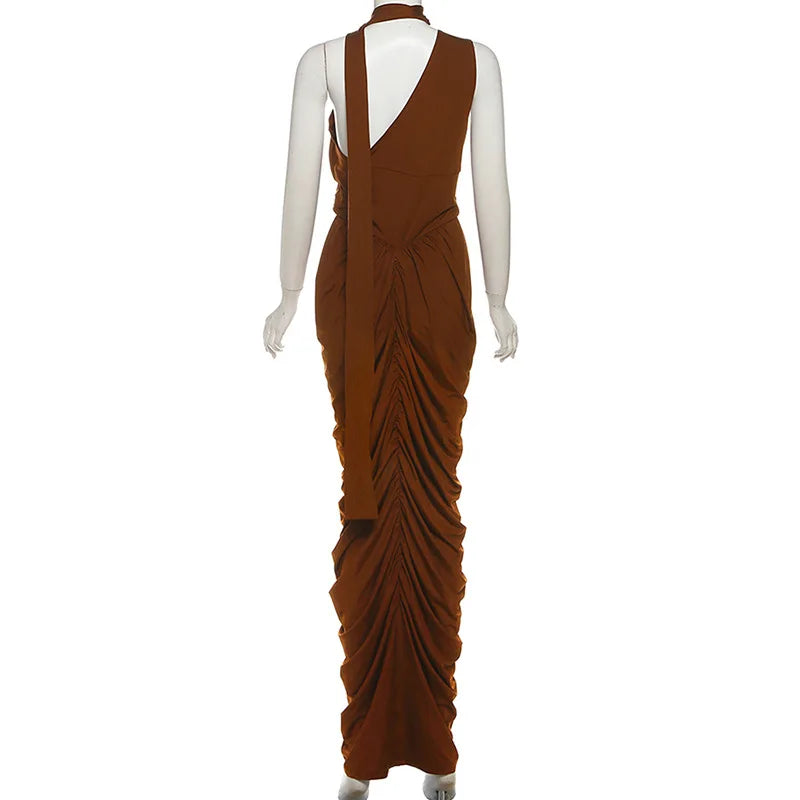 Cowl Neck Ruched Drape Maxi Dress With Scarf