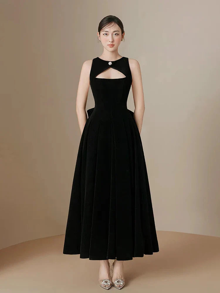 Burgundy Bow Backless Hollow Out A-Line Dress | O Neck Evening Gown