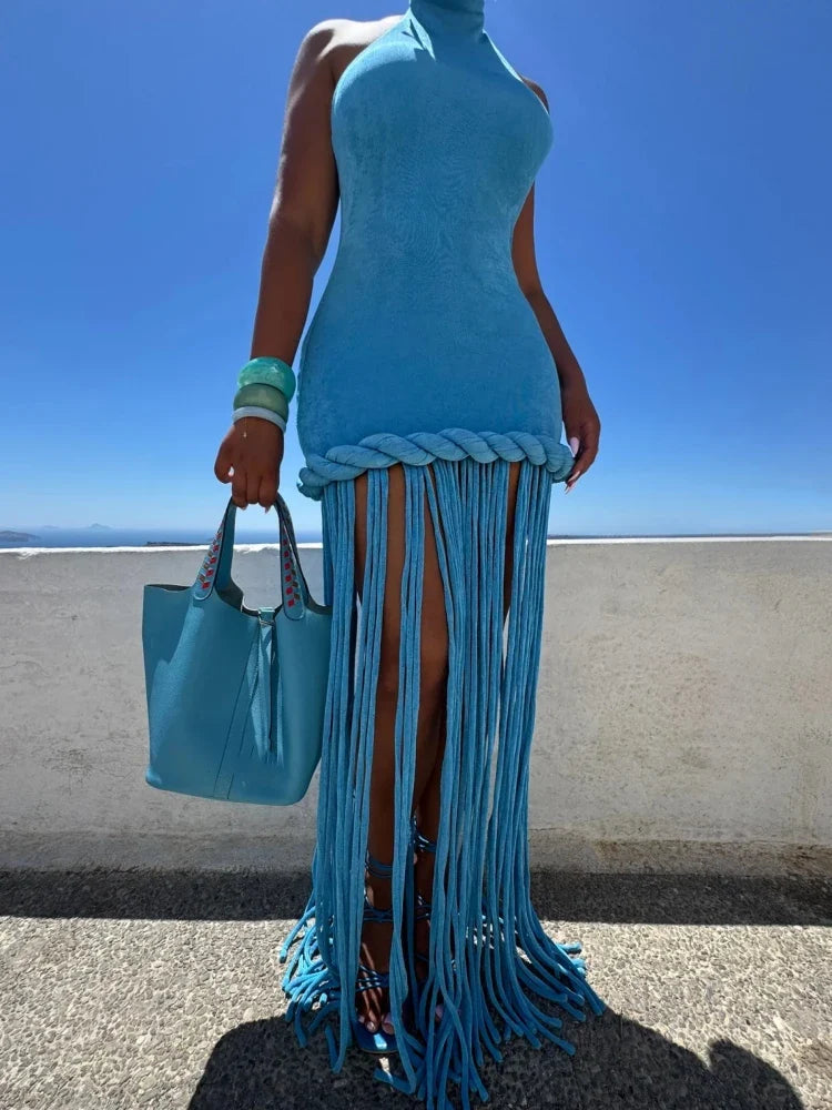 Blue Velvet Halter Fringe Gown with Braided Detail