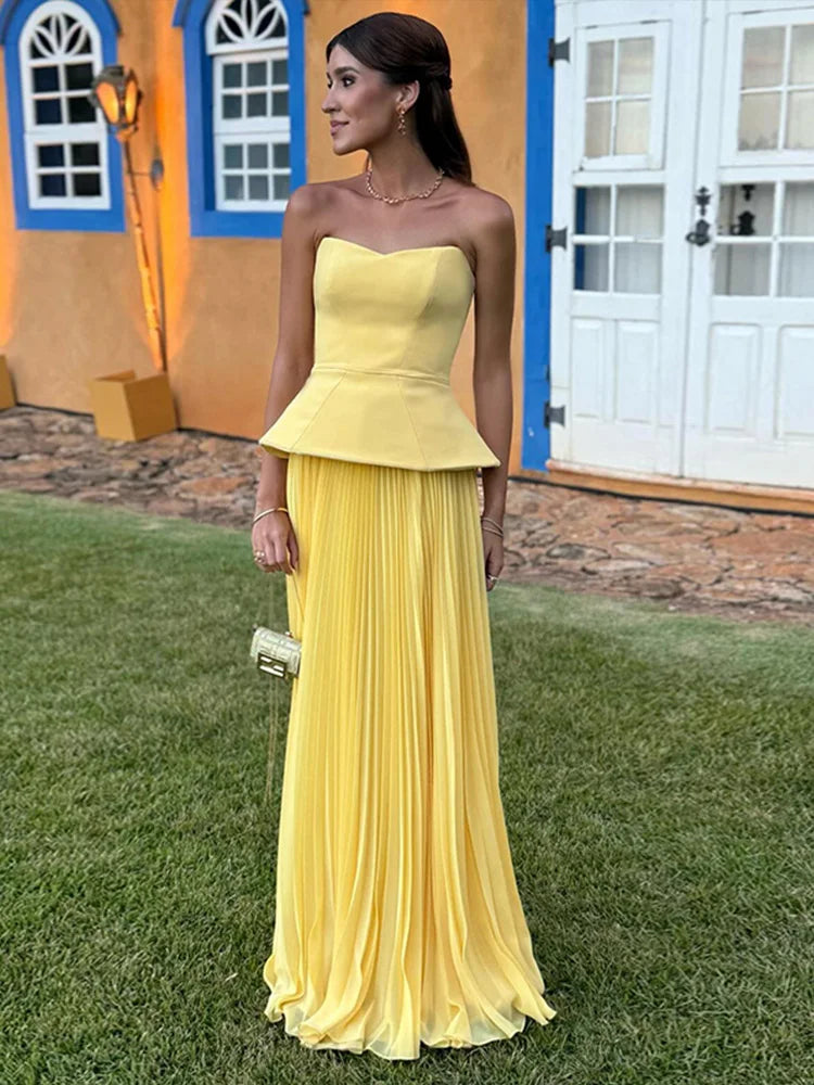 Yellow Strapless Patchwork Pleated Maxi Dress - Summer Chic Holiday
