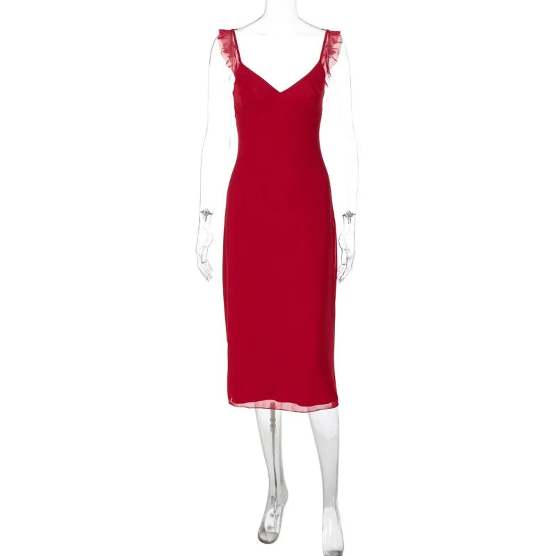 Deep V Red Lace Up Midi Sling Dress