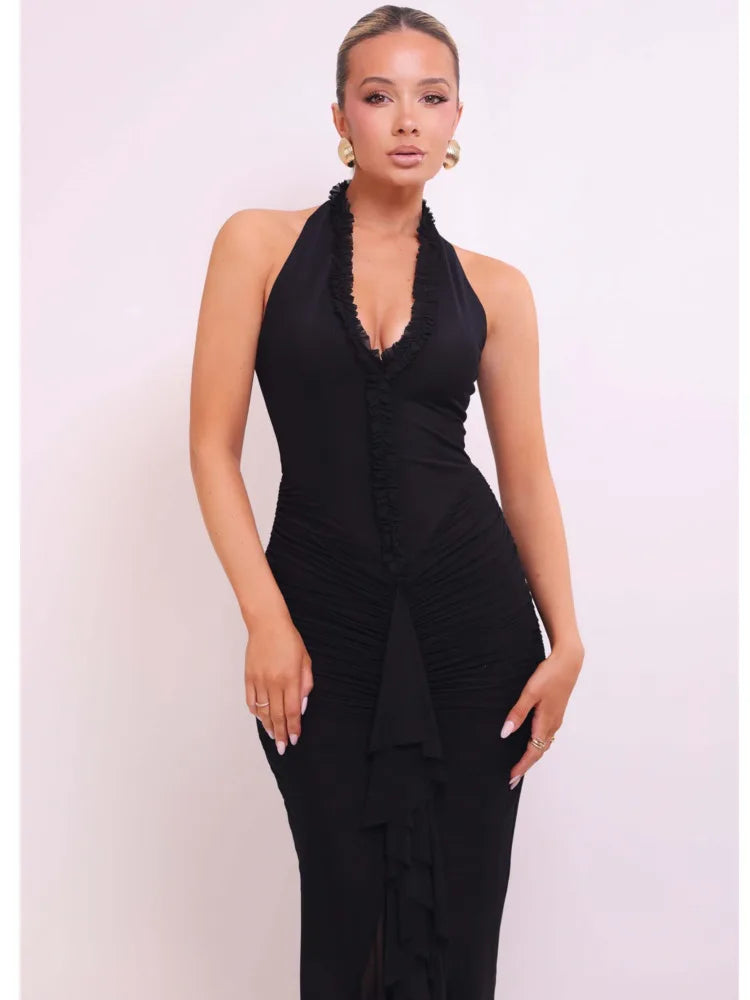 Frill Trim Ruffle Hem Halter Maxi Dress