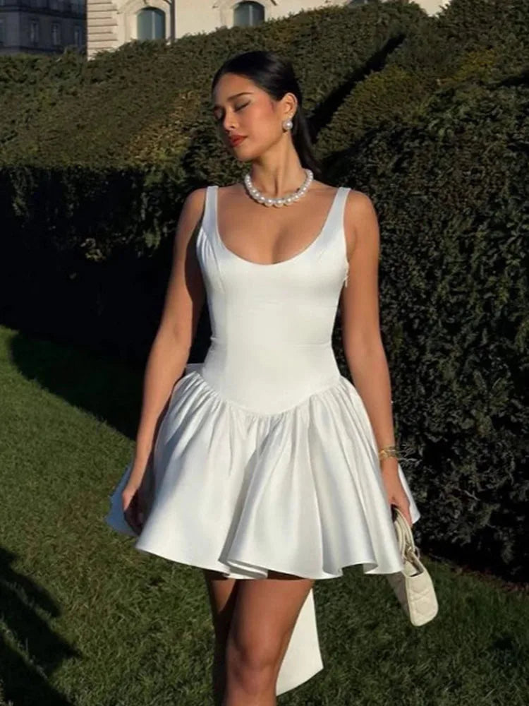 White Satin Large Back Bow Mini Dress