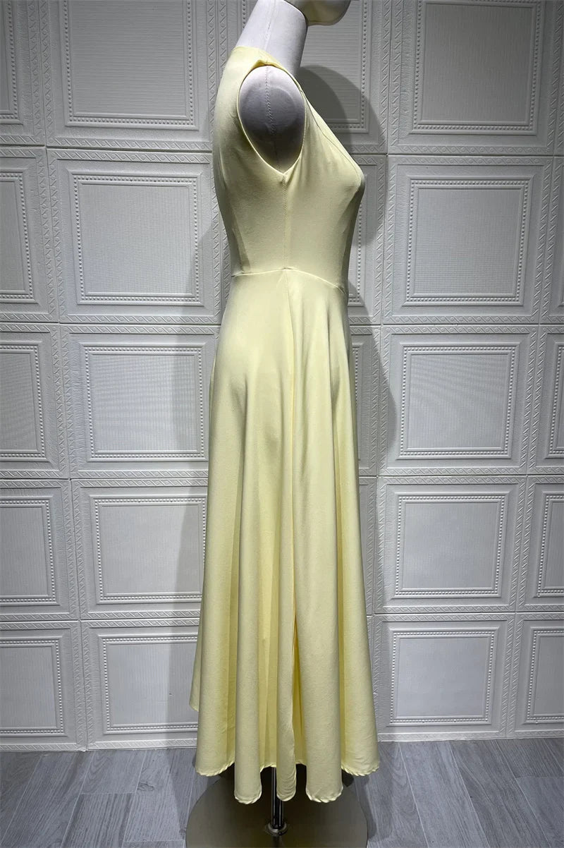 Light Yellow A-Line Maxi Dress | Sleeveless O-Neck Elegant Gown
