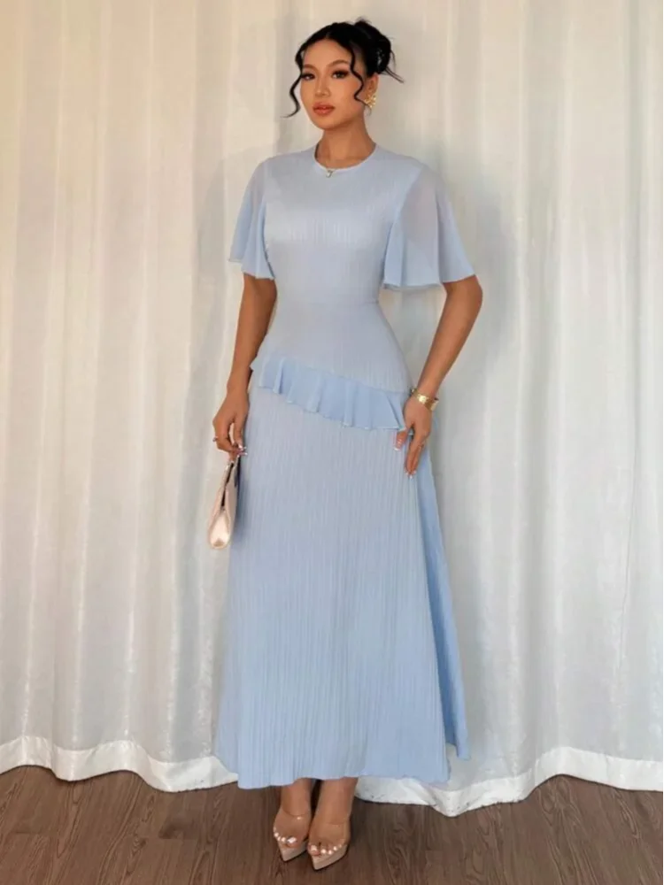 Blue Tiered Short Sleeves Ruffle Hem Midi Dress