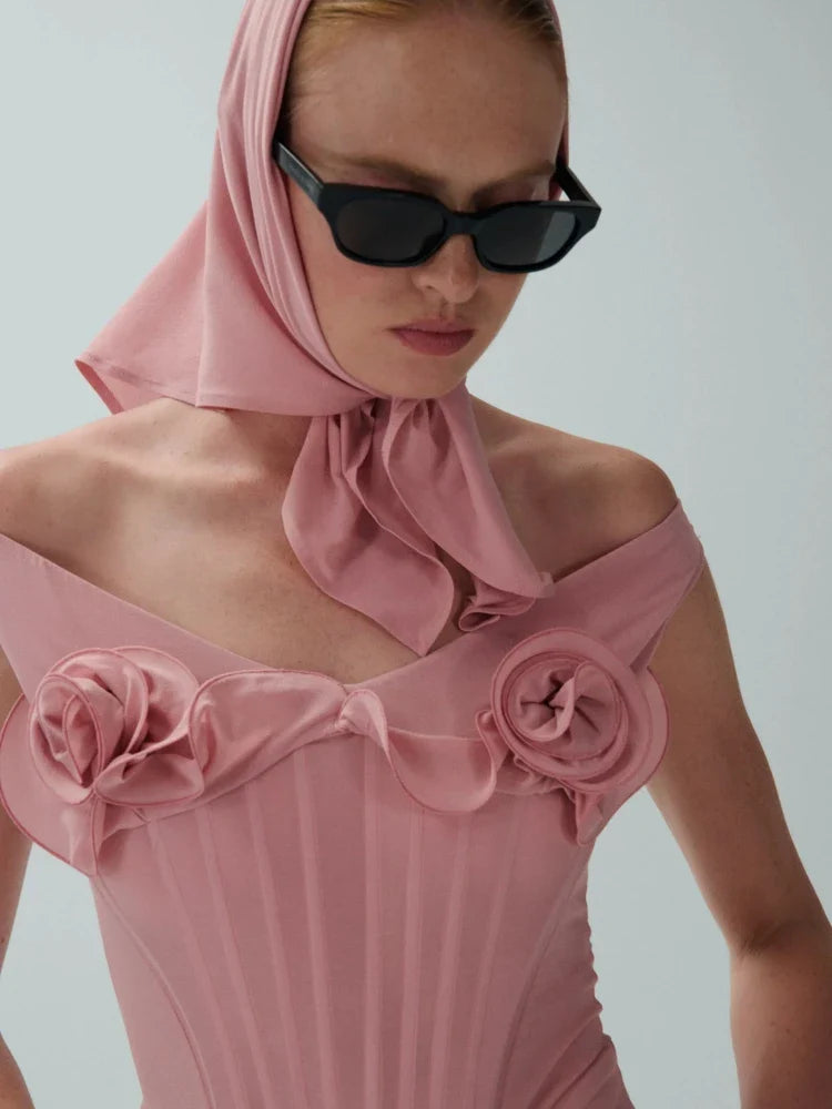 Pink Sling Patchwork Flower Dress | Sleeveless Midi Gown