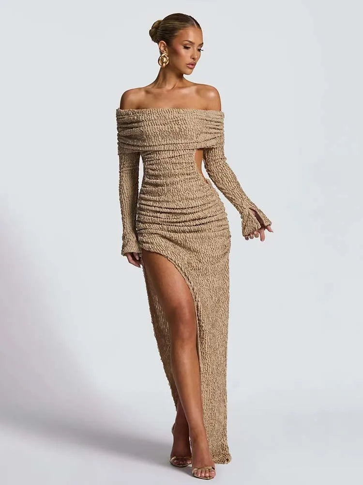 Off Shoulder Long Sleeve Textured Slit Maxi Dress