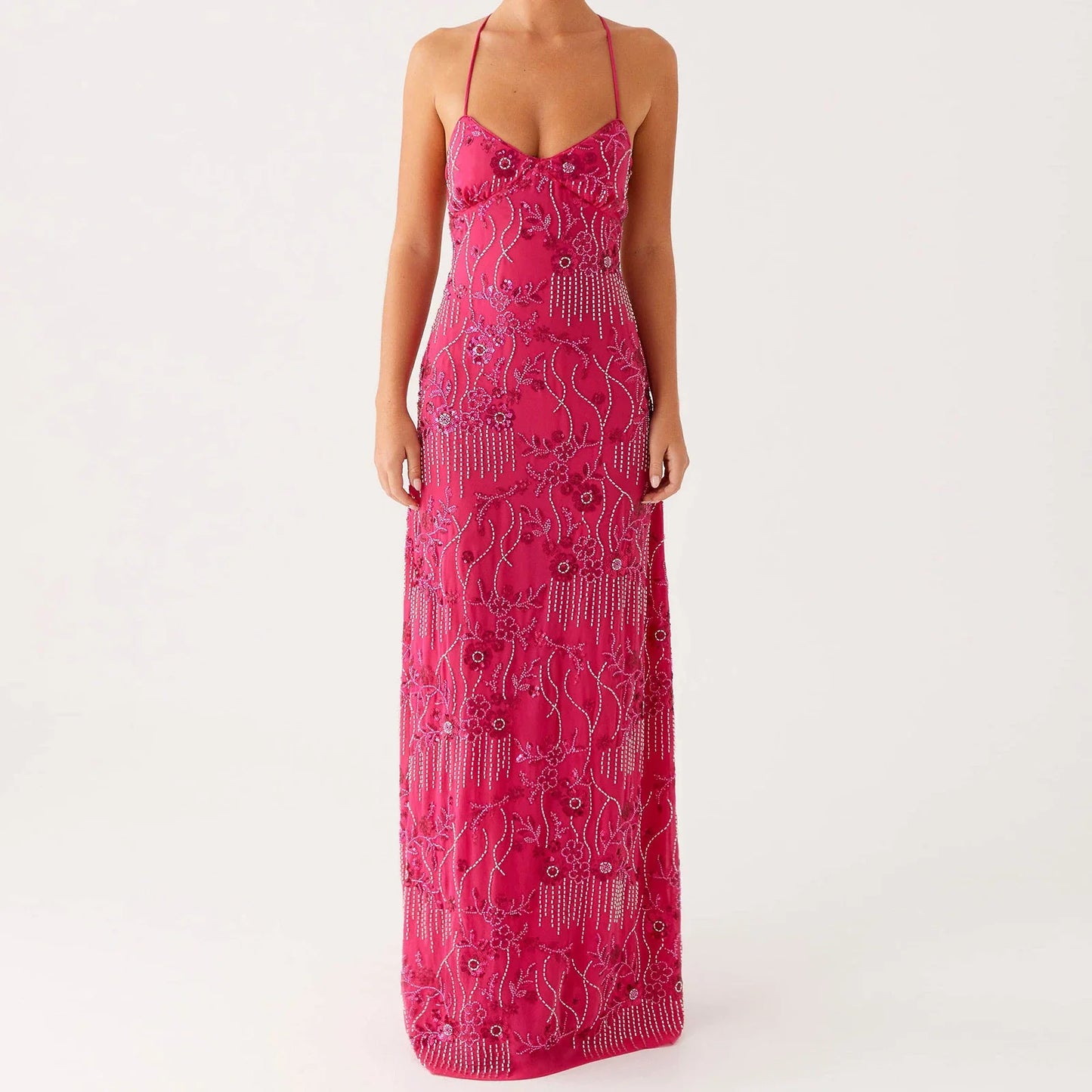 Sequin Sparkly Maxi Dress - V- Neck Floral Cami Long Dress