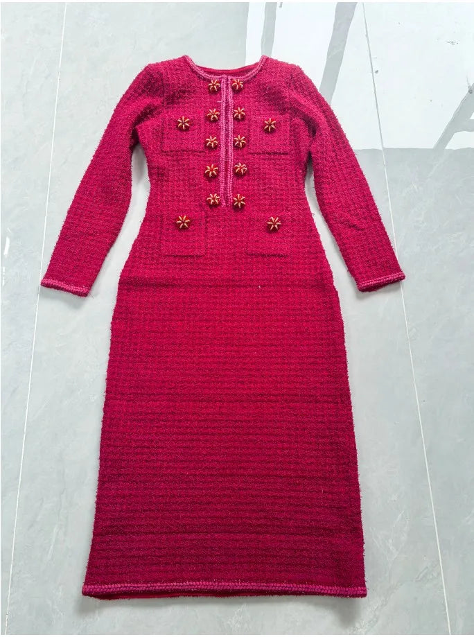 Knit Crystal Beaded Formal Sweater Dress – Double-Breasted Mid-Calf Dress