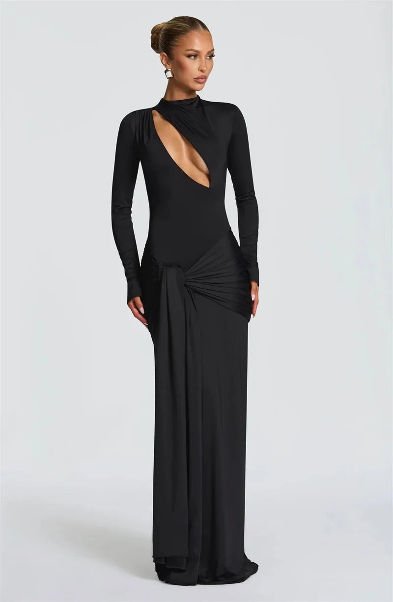 Draped Cut-Out Long Sleeve Evening Maxi Dress