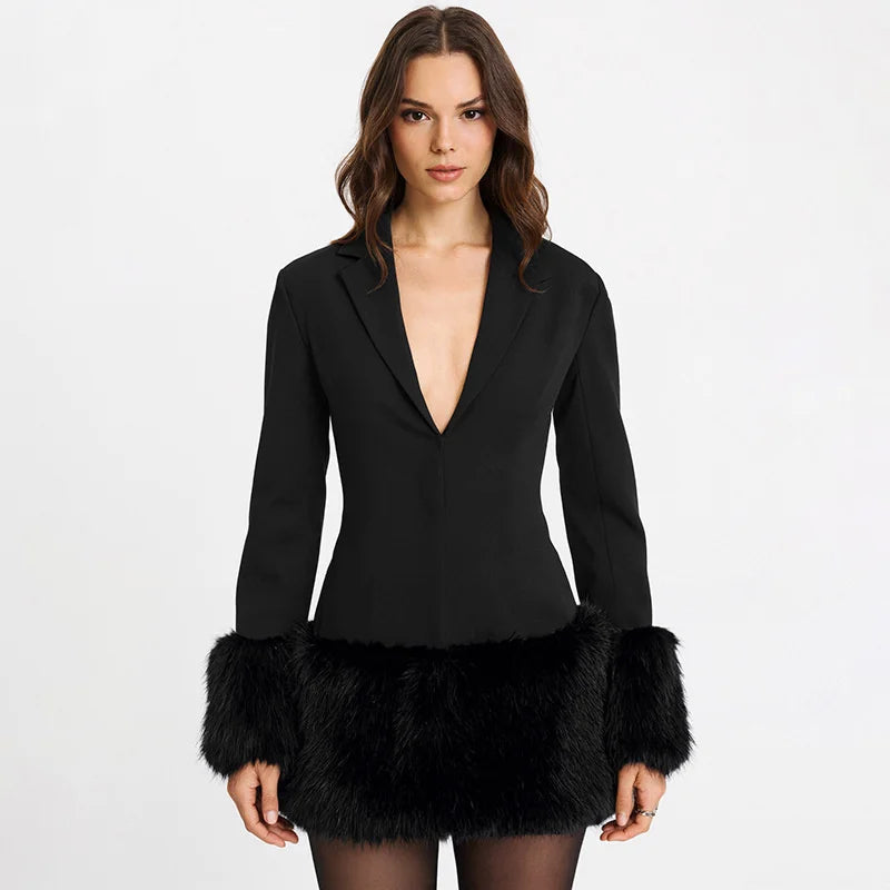 Black Fur-Trim Mini Blazer Dress with Deep V Neck