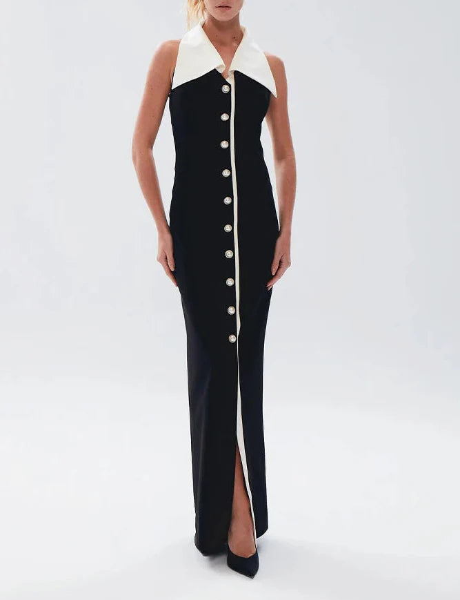 Contrast Collar Pearl-Button Column Evening Dress