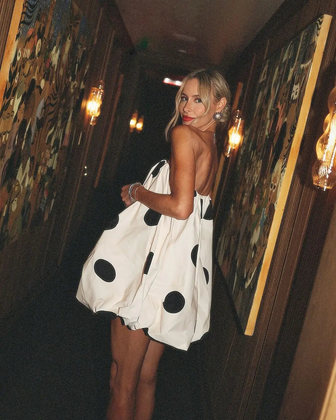 Polka Dot Strapless Mini Dress – Elegant Pleated Backless Party Look for Women