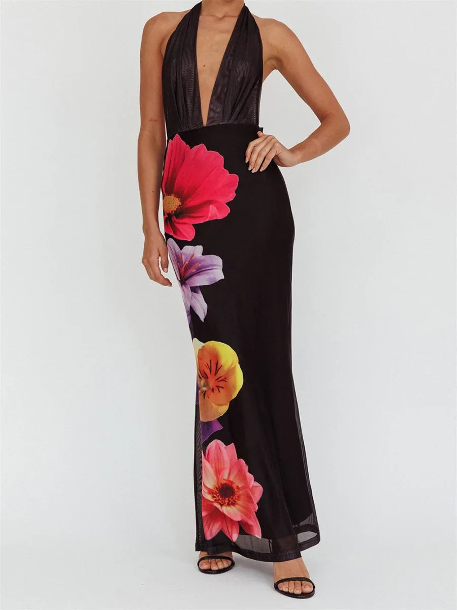 Floral Print Deep Neck Halter Drape Maxi Dress