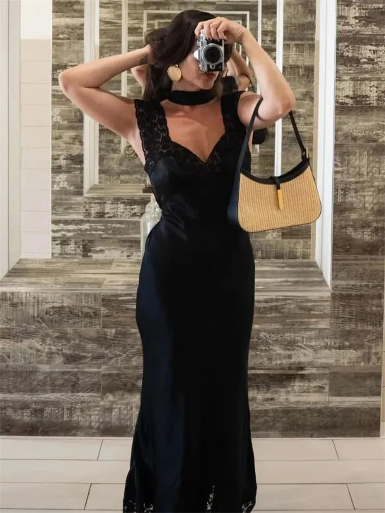 Patchwork Satin Lace Maxi Dress – Elegant V-Neck Evening Gown