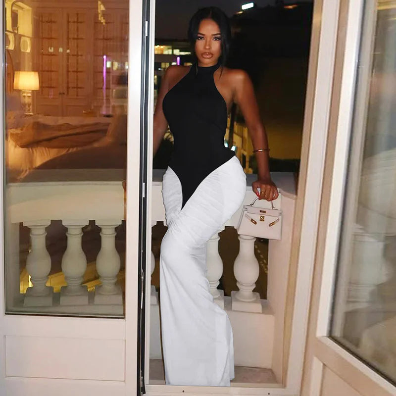 Halter Backless Maxi Dress | Ruched Patchwork Sheath Gown