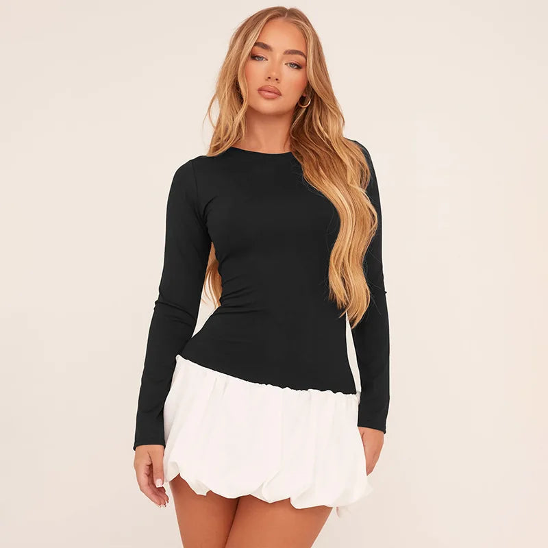Black and White Contrasting Puff Hem Mini Dress