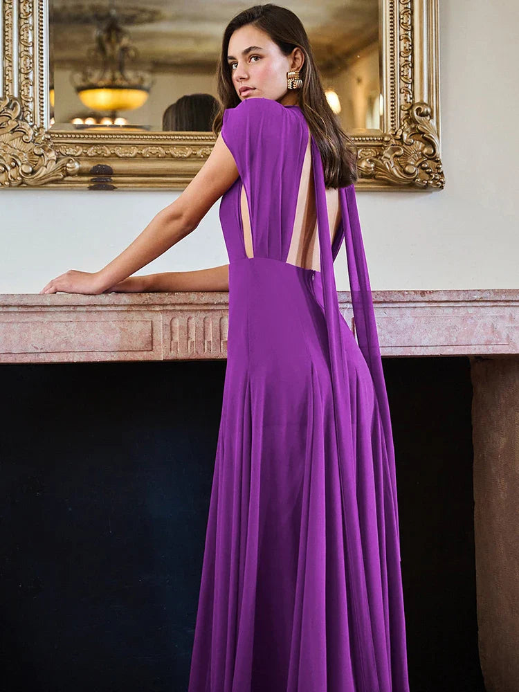 Purple Deep V Neck Scarf High Split Maxi Dress