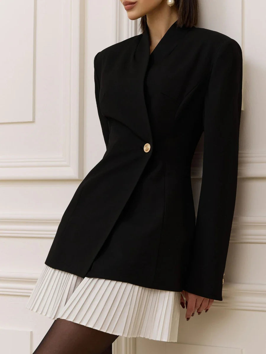 Black Blazer Mini Dress | Pleated Skirt Patchwork & Gold Detail