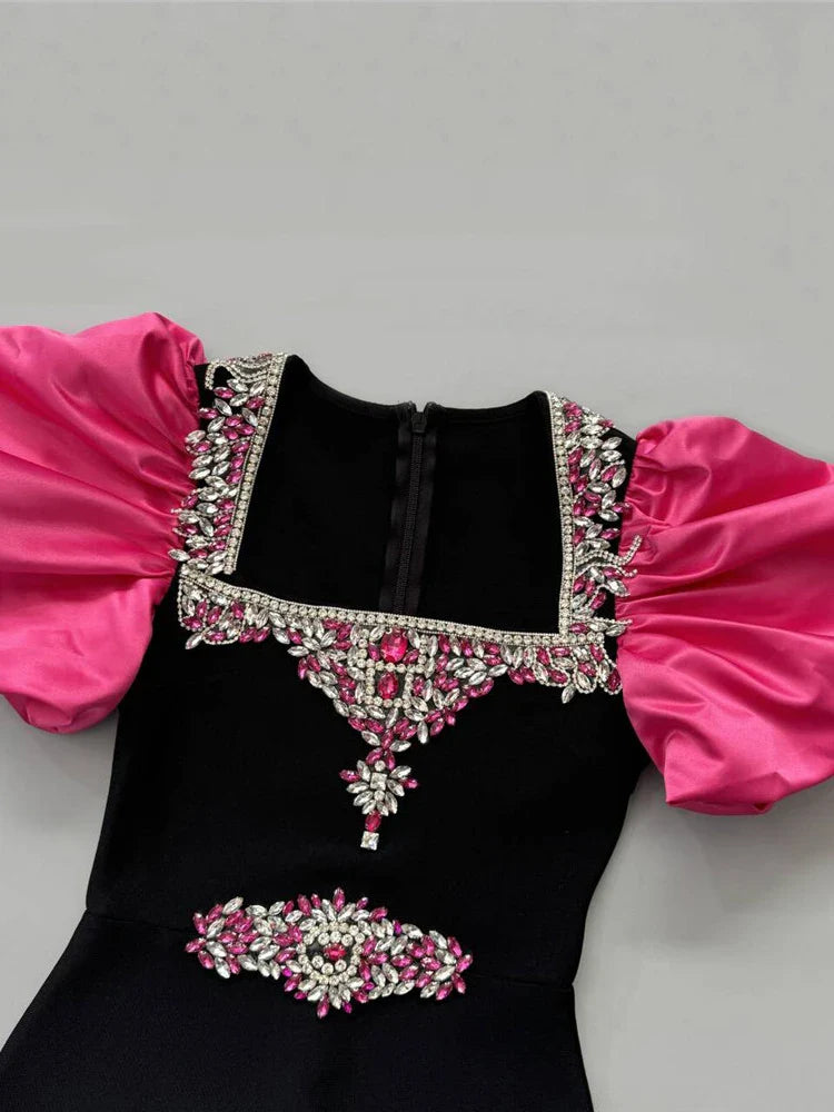 Black Dress with Pink Puff Sleeves - Square Neck Diamond Beaded Bandage Dress