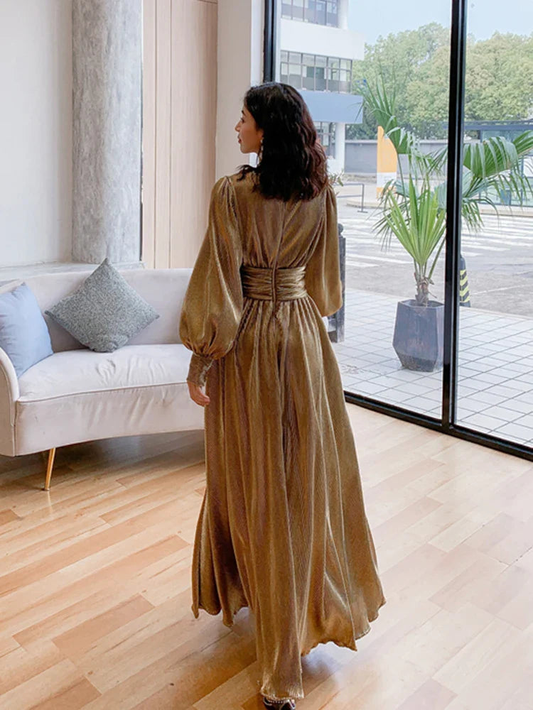 Gold Lantern Sleeve V-Neck Split Long Dress