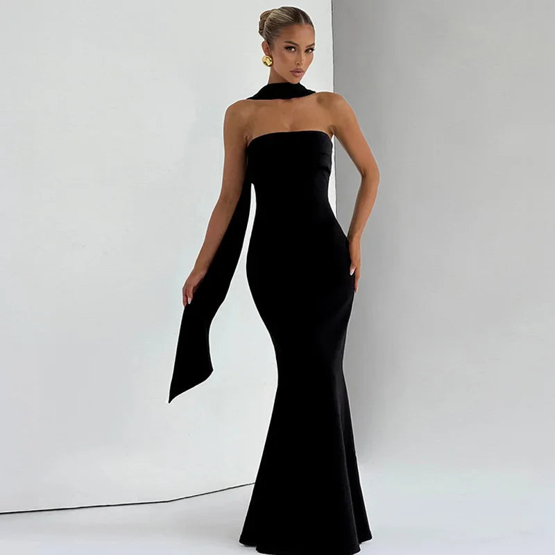 Strapless Maxi Dress with Sculpted Scarf Collar
