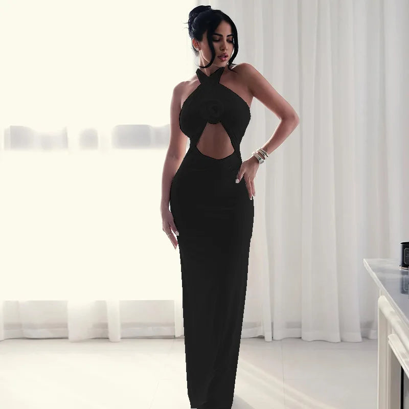 Halter Cross Neck Flower Cut Out Maxi Dress