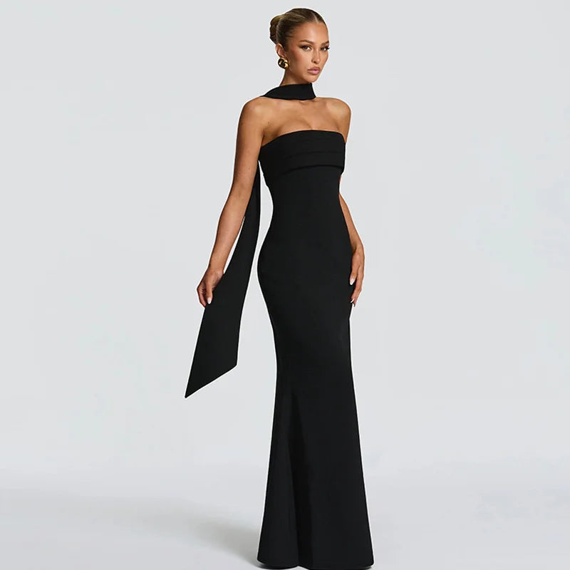 Strapless Maxi Dress with Sculpted Scarf Collar