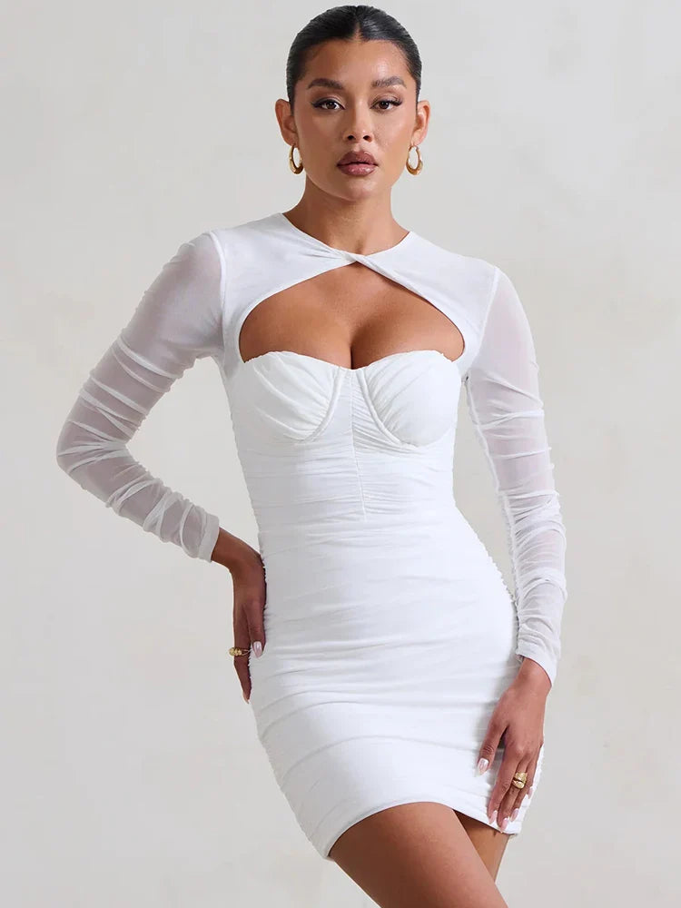 Mesh Pleated Cutout Mini Dress