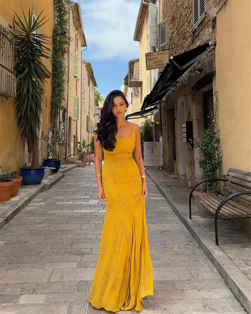 Mustard Beaded Spaghetti Strap Backless Maxi Dress – Elegant