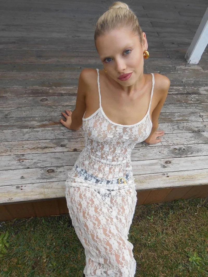 Y2K Backless Floral Mesh Lace Dress – Transparent Hollow Out Bodycon Maxi