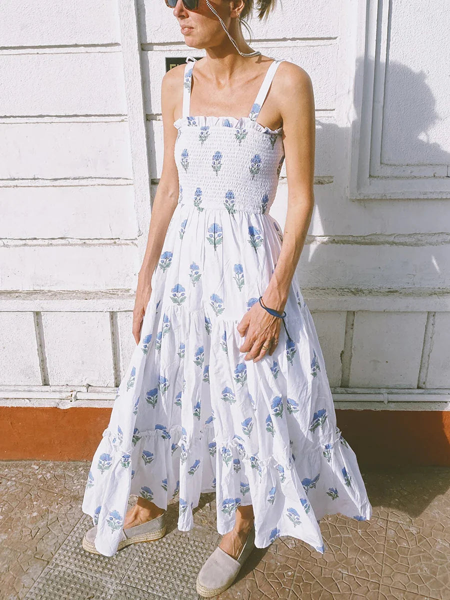 Blue & White Boho Floral Maxi Dress | Backless Empire Summer
