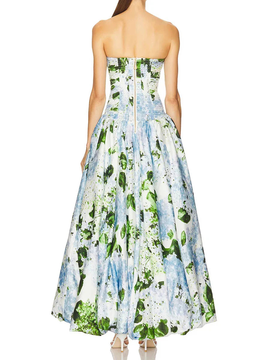 Printed Ruched Strapless Puff Hem Maxi Dress