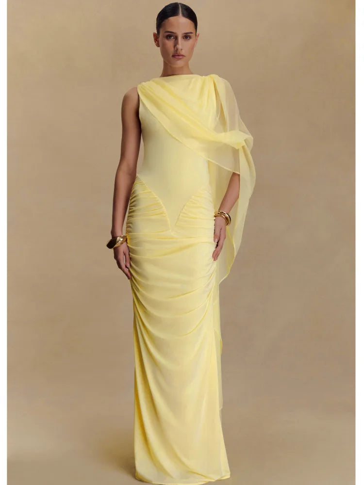 One Shoulder Shawl Drape Pleated Bodycon Long Dress