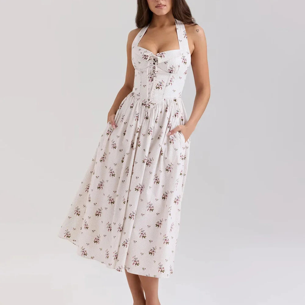 White Floral Lace-Up Square Neck Midi Dress