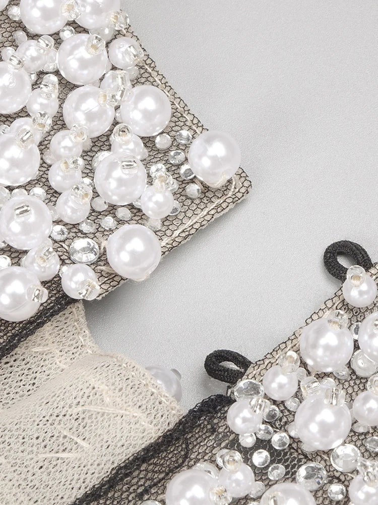 Velvet Rhinestone Pearl Embellished Black Long Dress