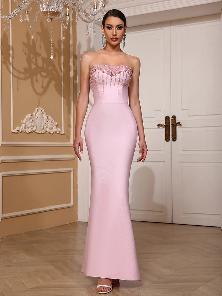 Pink Pearl Beaded Bandage Maxi Dress - Backless Evening Party Gown