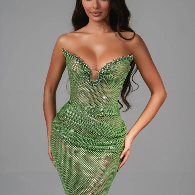 Sequin Green Strapless Mermaid Gown with Sculpted Waist