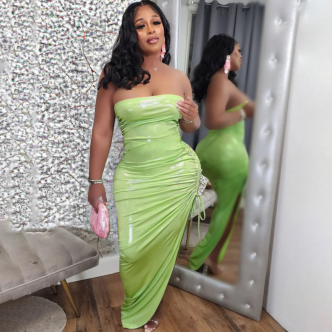 Metallic 2-Piece Set | Strapless Tube Bodysuit & Drawstring Skirt (Green, Silver, White, Black)