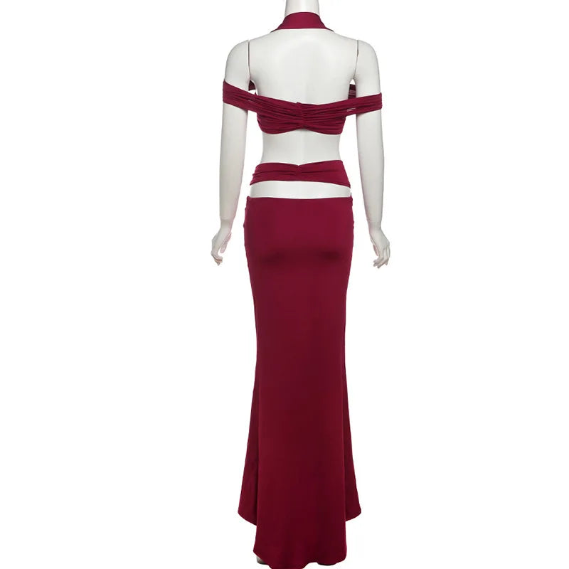 Burgundy Cutout Halter Two-Piece Set, Maxi Skirt