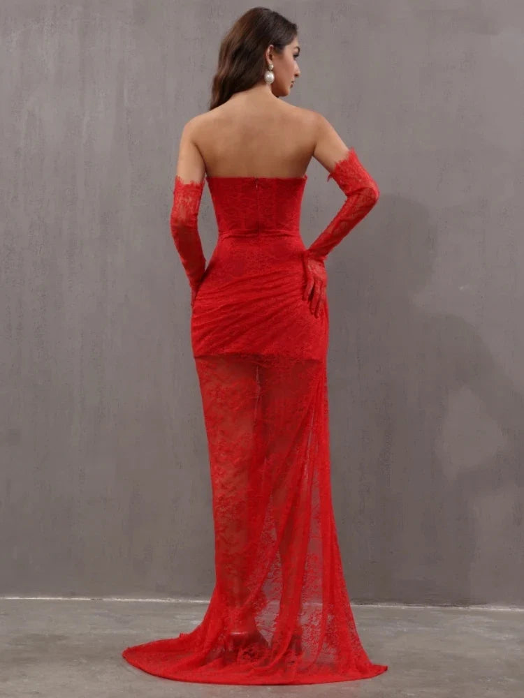 Red Lace Strapless Backless Maxi Dress – Gown