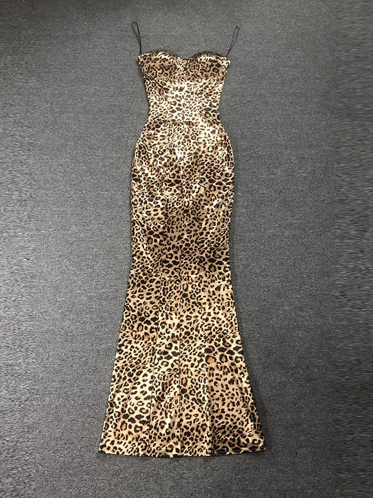 Satin Leopard Print Strapless Maxi Dress
