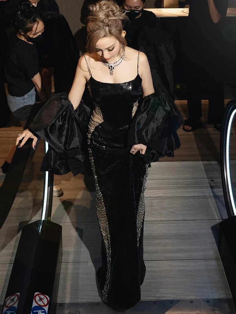 Black Sequin Side-Chain Cut-Out Sculpted Maxi Dress